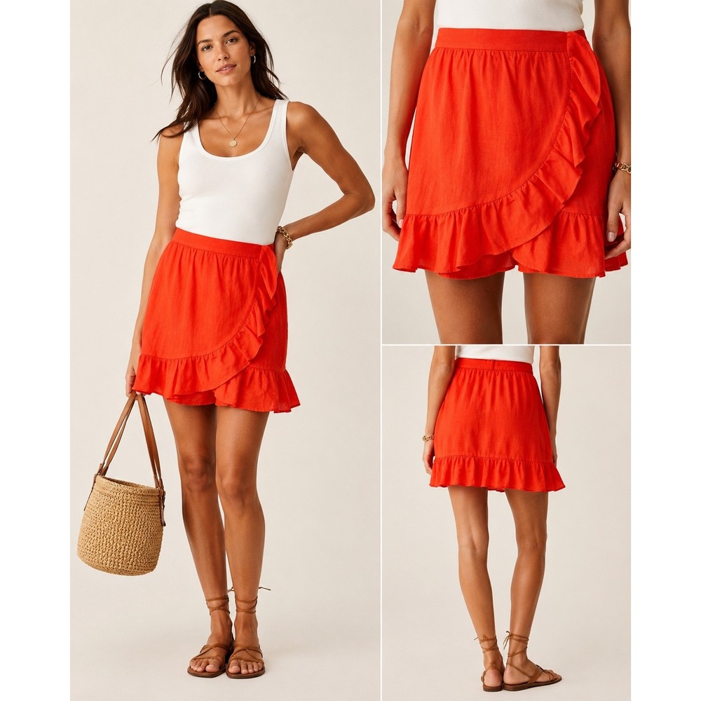 J.Crew Neon Coral Linen Wrap Skirt Ruffle Dopamine‎ Mini Size 4